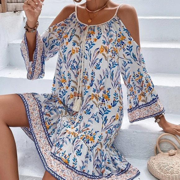 Multicolor Boho Womens Floral Print Cold Shoulder Tassel Trim Ruffle Hem… - Picture 3 of 5